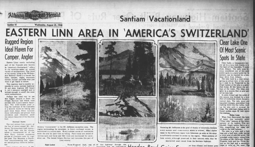 Clipping from Albany Democrat-Herald regarding "Eastern Linn Area in "America's Switzerland'