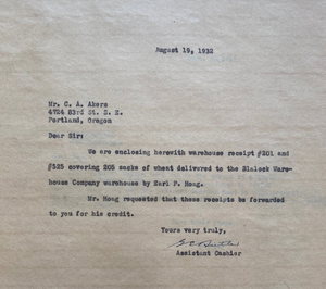 Blalock Warehouse Company Receipt Letter