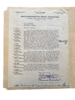 Oregon-Washington Bridge Association and Arlington National Bank correspondence