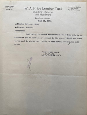 Correspondence between W.A. Price Lumber Yard and Arlington National Bank