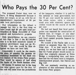Public Disapproval For Locals To Pay 30% of Foster Dam Funds, 1960