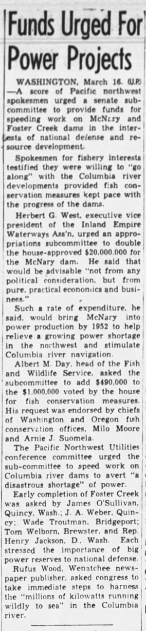 Funds Urged for Foster Dam Project, 1948