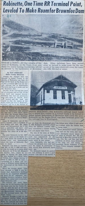 "Robinette, One Time RR Terminal Point, Leveled to Make Room for Brownlee Dam"