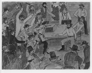 Ink sketch of 1855 territorial election by Joyce Schild
