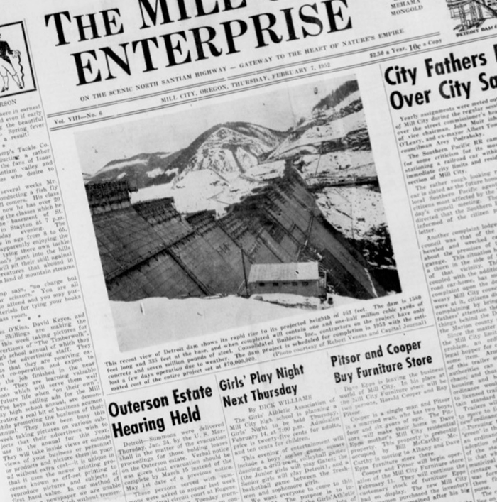 Front page of the Mill City Enterprise, February 7, 1952, showing a photo of the Detroit dam under construction.